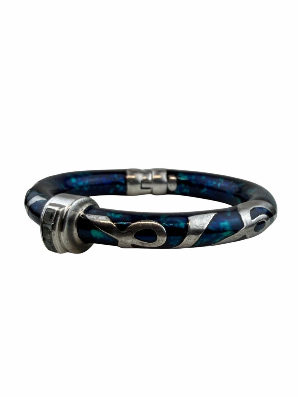 Blue & Green Enamel Hinged Cuff Topaz Sterling Silver Bracelet Italy